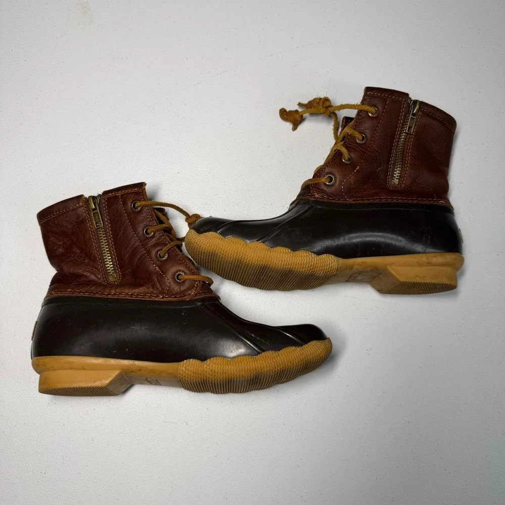 Sperry Saltwater Duck Boots 6 Brown‎ Leather Waterproof Side Zip STS91176